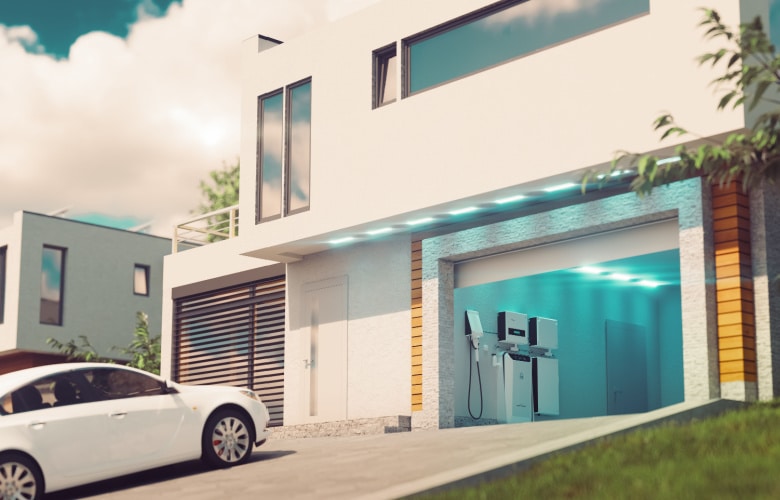 Een moderne woning met een thuisbatterij en een elektrische laadpaal. 